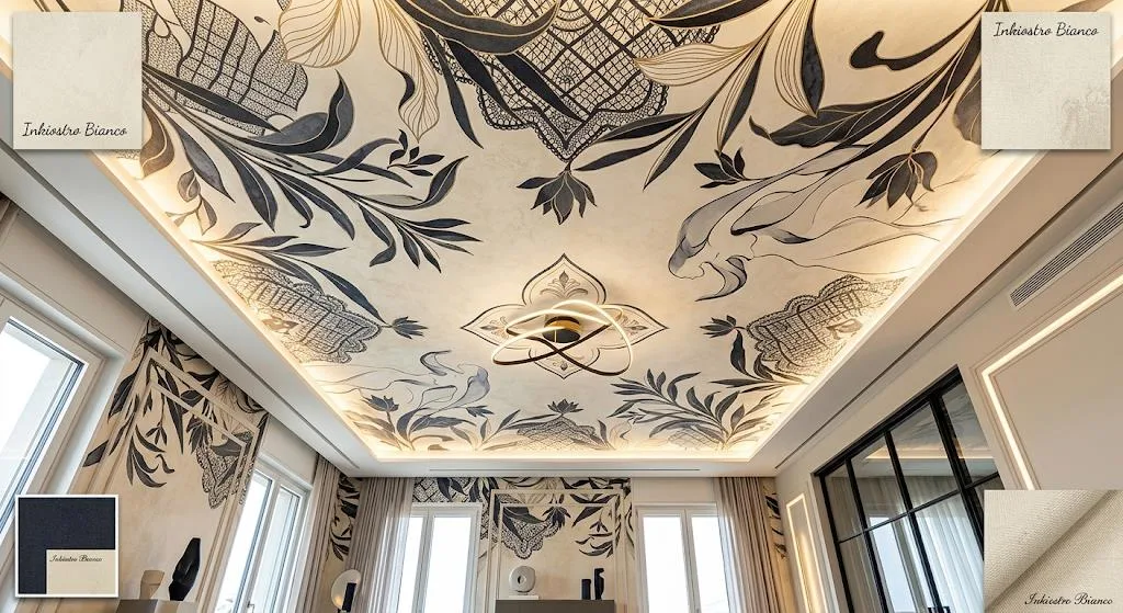 Soffitto decorato con carta da parati botanica