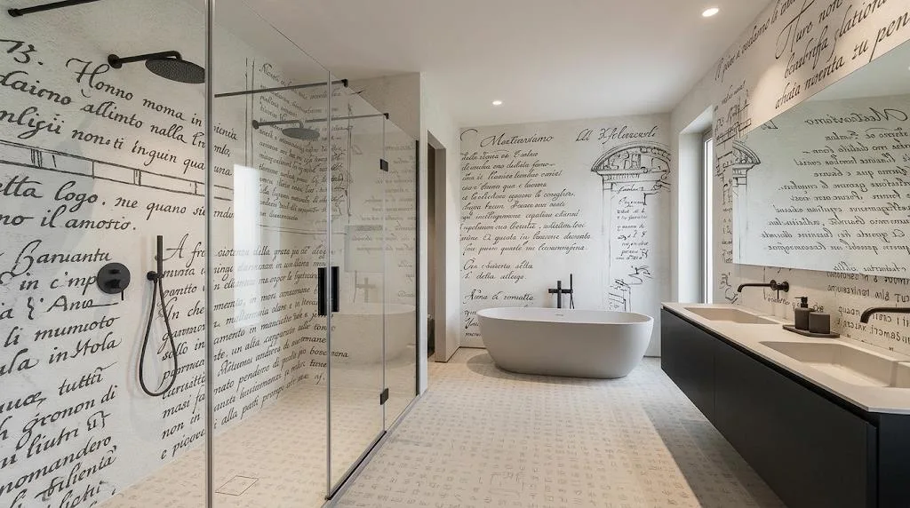 Bagno con carta da parati calligrafica a parete e pavimento