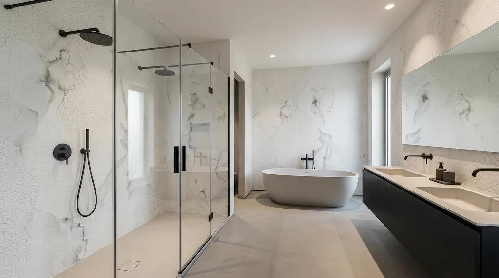 Bagno con carta da parati effetto marmo in fibra di vetro