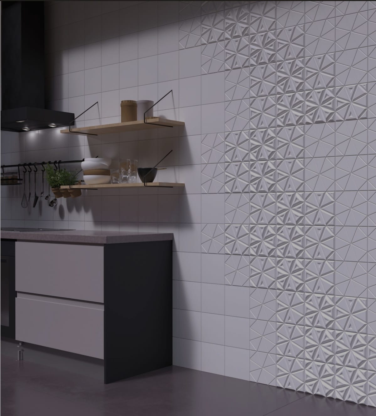 Cucina piastrelle 3D bianche geometriche