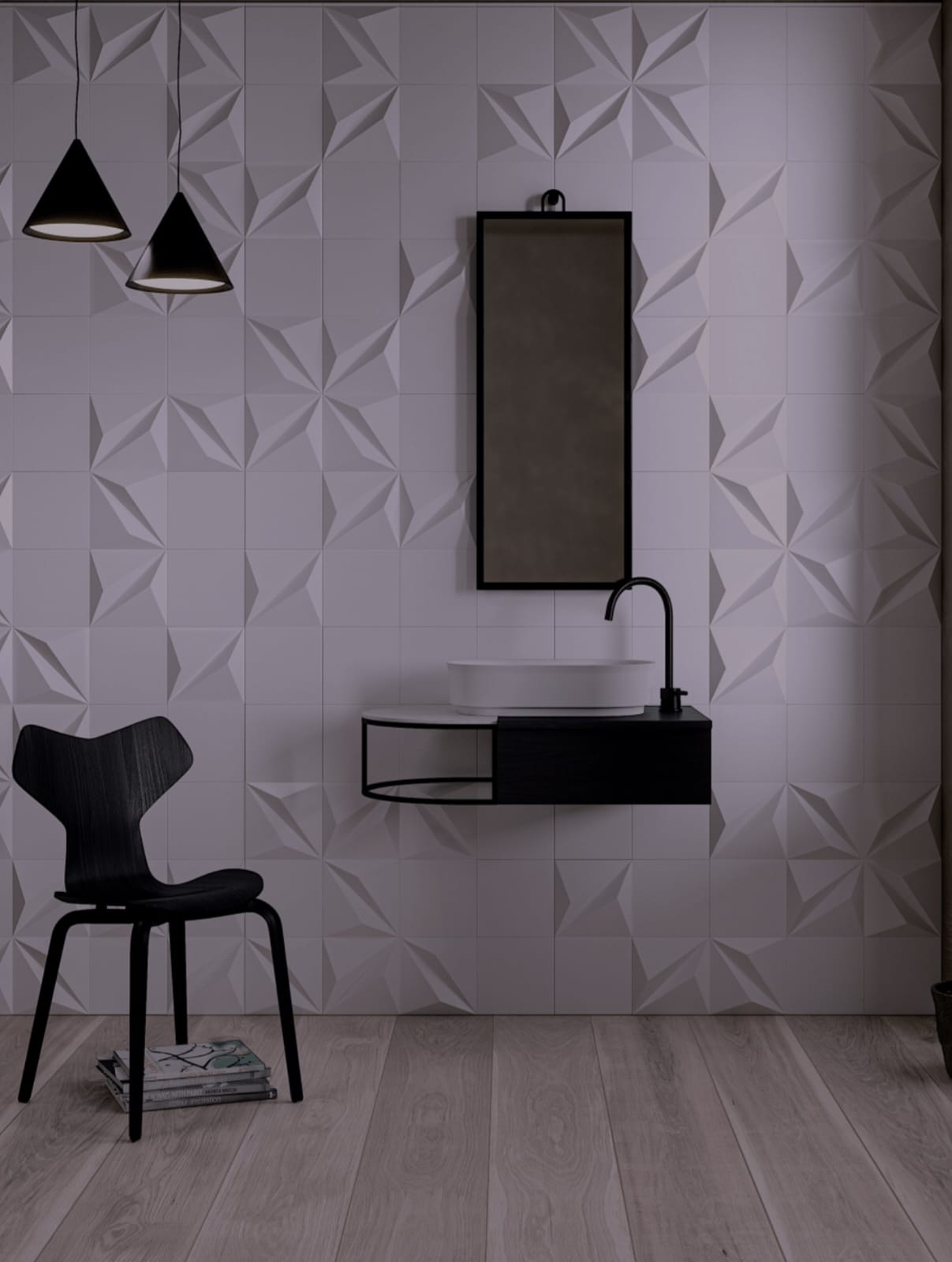 Bagno piastrelle 3D origami bianche